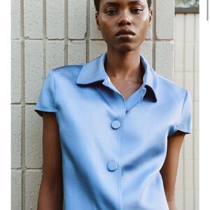 Light blue satin short-sleeve button-down shirt by Zara,